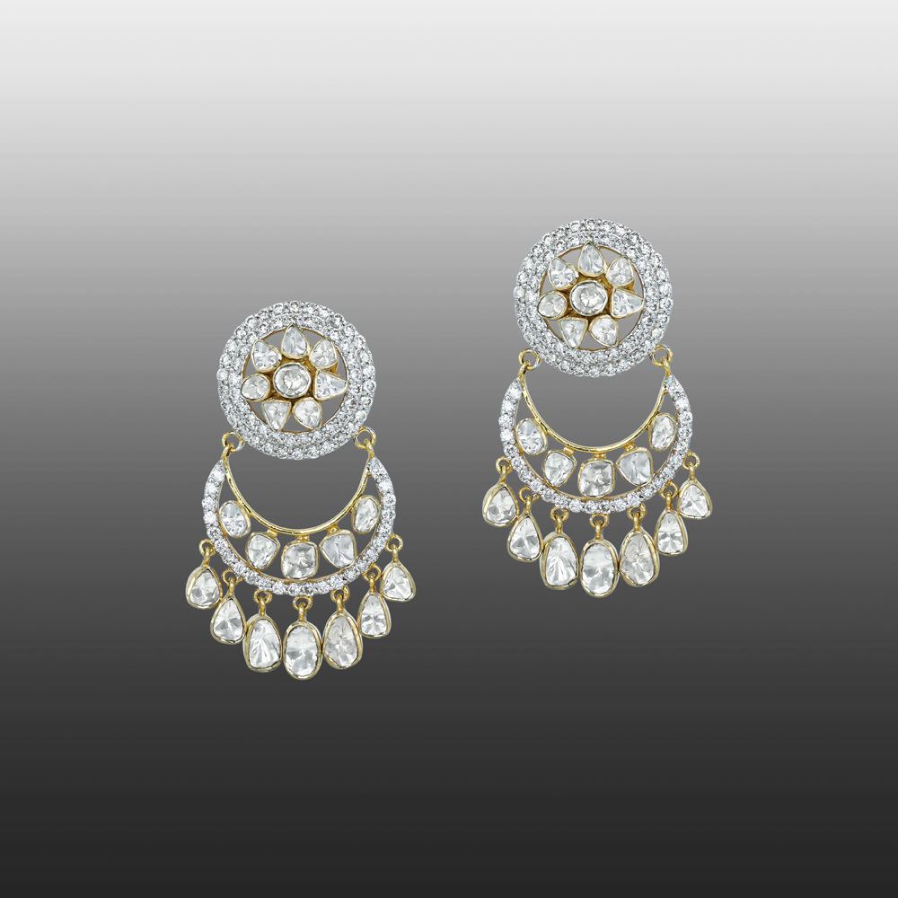 Polki Diamond Chandbali Earrings with Teardrop Danglers